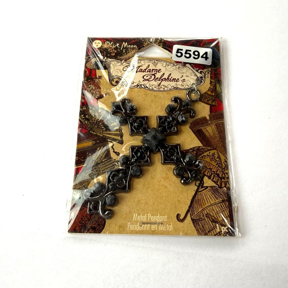 Madame Delphines Metal Pendant With Black Beads & Ornate Cross Design
